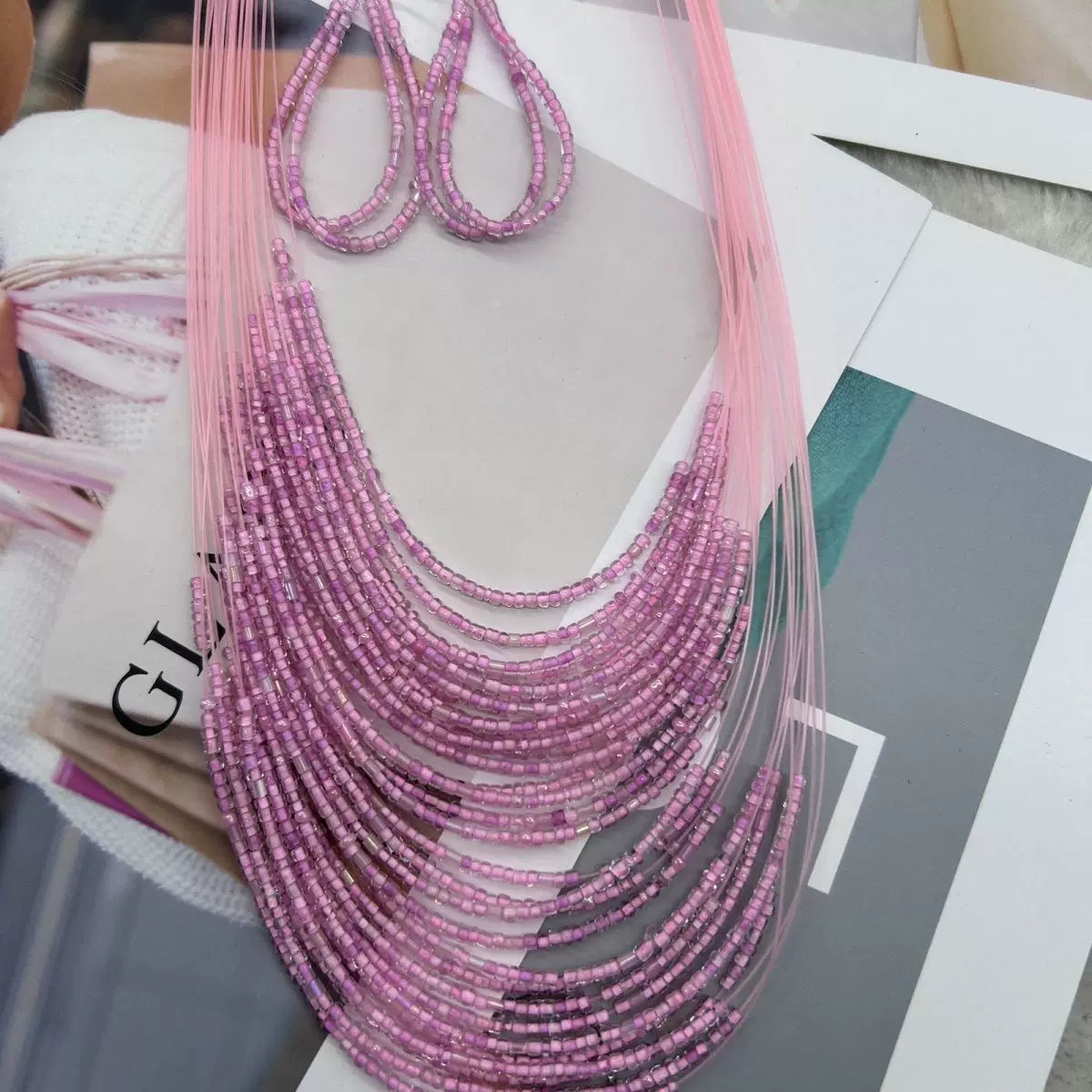 Multi-layer rice bead necklace earrings set