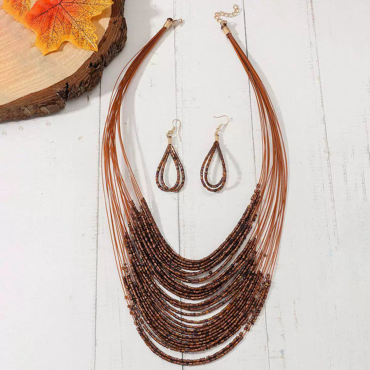 Multi-layer rice bead necklace earrings set