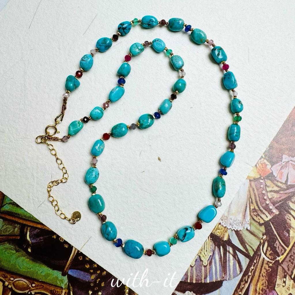 Turquoise Necklace Hand-woven Colorful Bead String