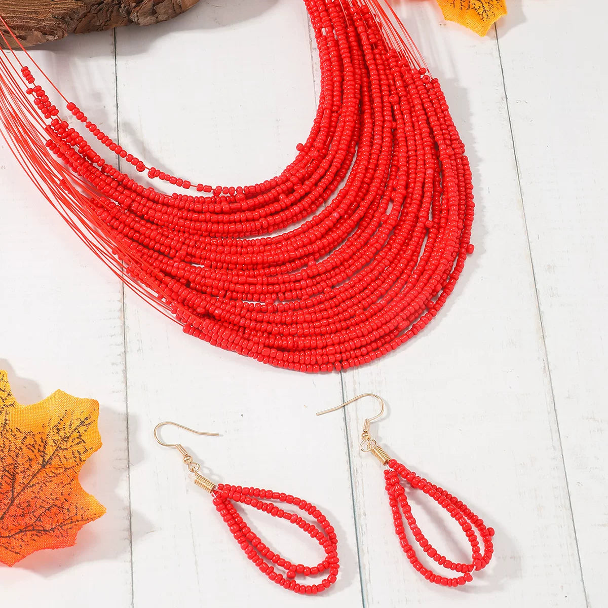 Multi-layer rice bead necklace earrings set
