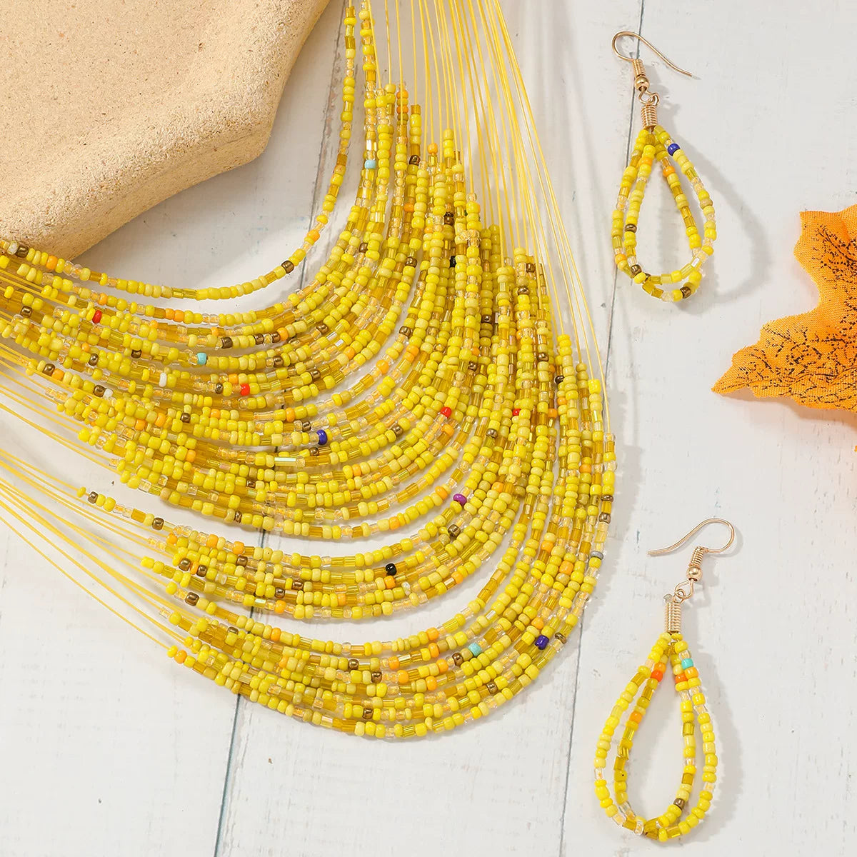 Multi-layer rice bead necklace earrings set