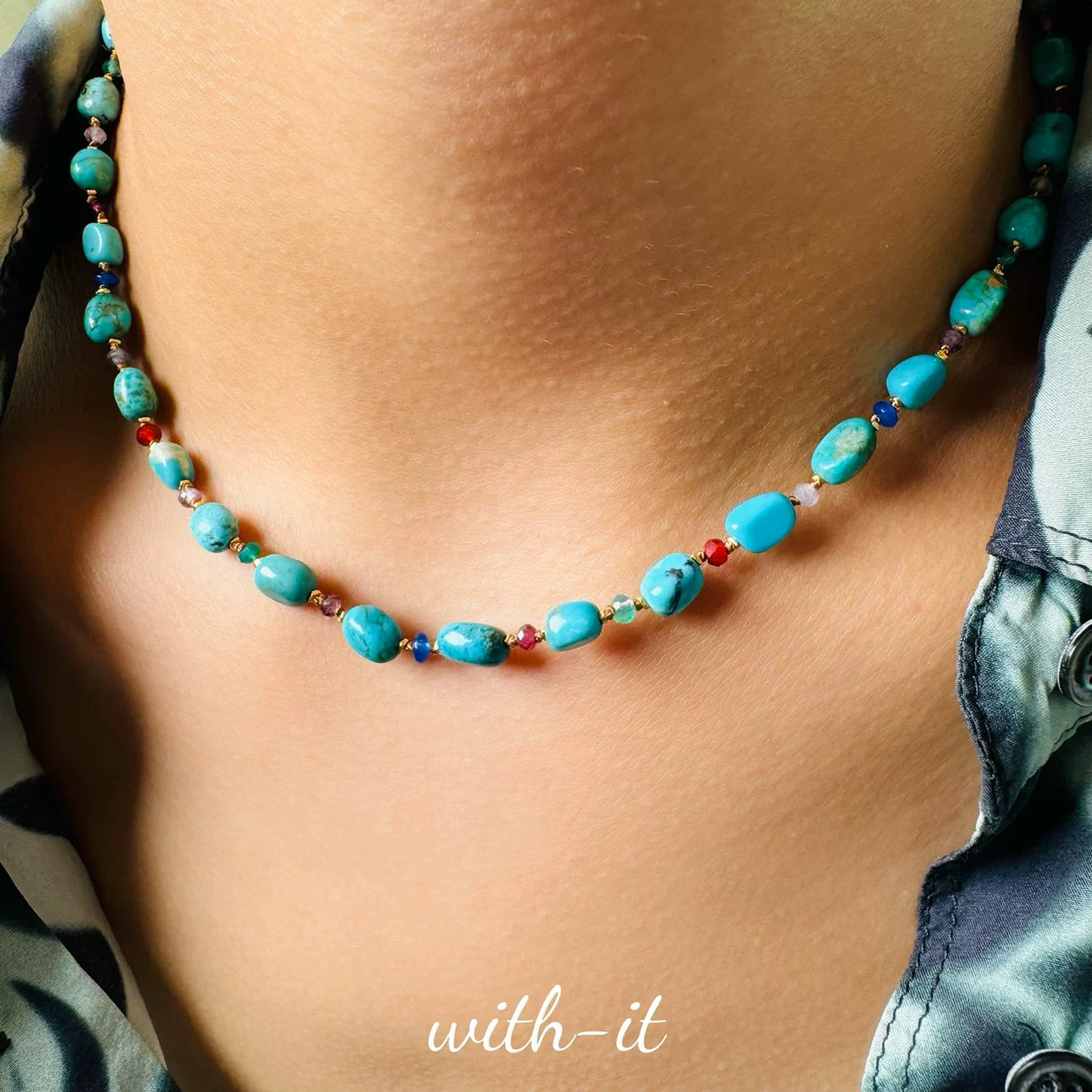 Turquoise Necklace Hand-woven Colorful Bead String