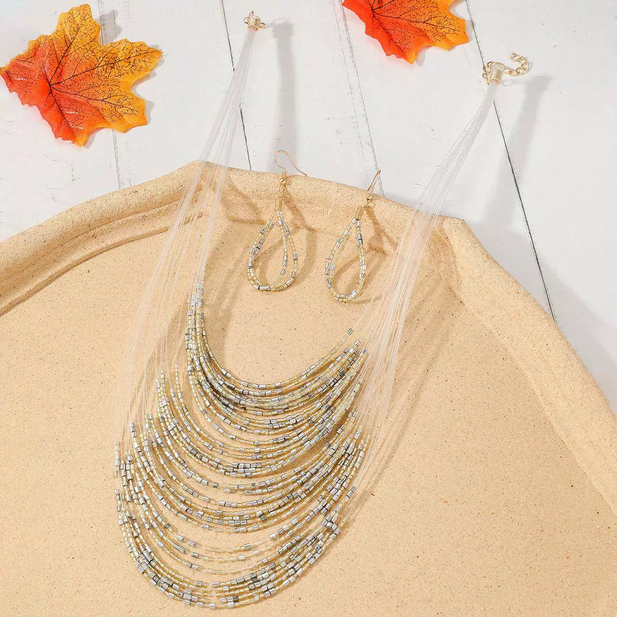 Multi-layer rice bead necklace earrings set