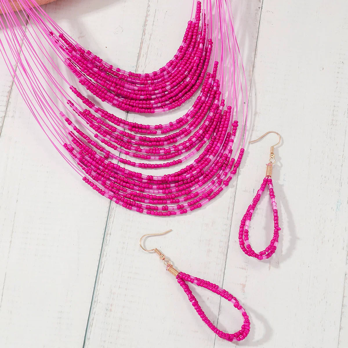Multi-layer rice bead necklace earrings set