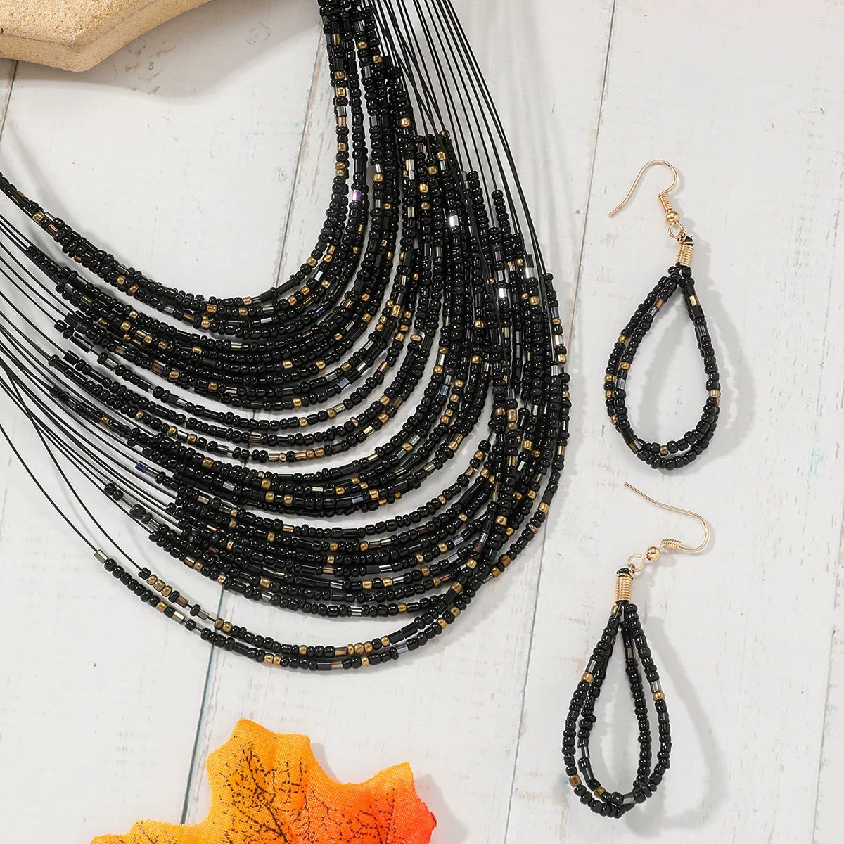 Multi-layer rice bead necklace earrings set