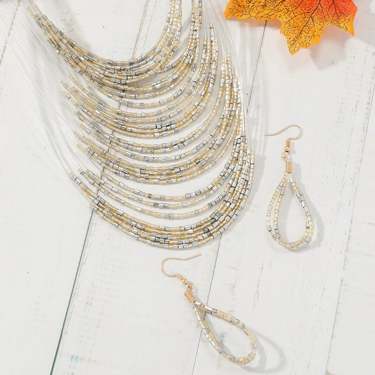 Multi-layer rice bead necklace earrings set